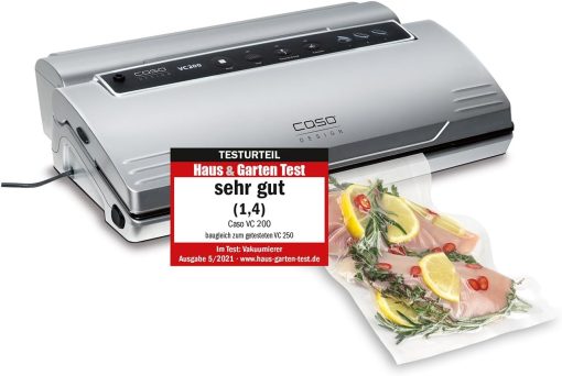 CASO VC200 - Appareil de mise sous vide, fra?cheur 8x plus longue, double soudure, épaisseur de vide réglable, avec bo?te à film, cutter, 2 rouleaux de film professionnel, flexible
