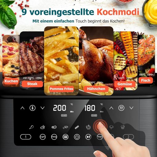 9L Dual Zone Air Fryer avec Fenêtre de Visualisation, Friteuse sans Huile avec 2 Tiroir, 9-in-1 Programmes de Cuisson, écran Tactile, Fonction Rendez-vous, Faible en Grasses, Va au Lave-vaisselle - Image 10