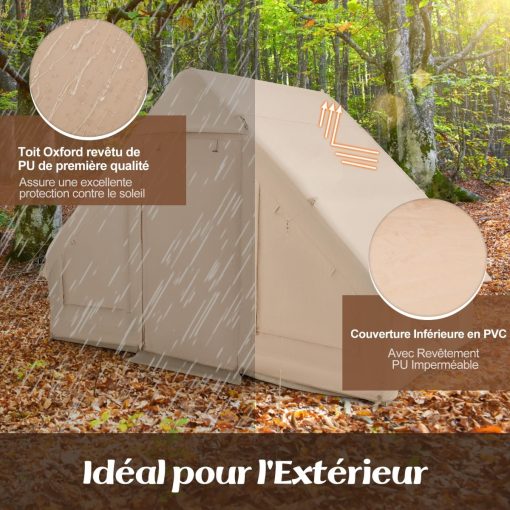 Tente de Camping Gonflable 6 m2 pour 4-6 Personnes Tente en Coton Coupe-vent et Imperméable avec Pompe 7 Fenêtres à Moustiquaire Beige - Image 8
