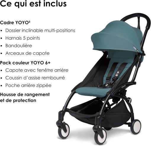 Poussette BABYZEN YOYO2 6+ (Cadre noir + pack couleur Aqua) - Comprend un harnais, un dossier, des arceaux de capote, une bandoulière, un coussin d’assise, et une capote assortie - Image 21