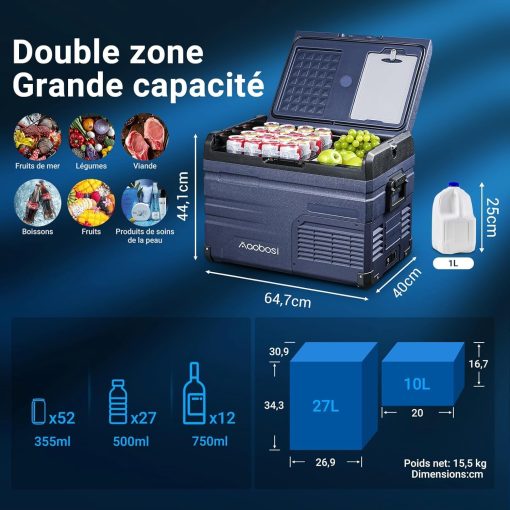 AAOBOSI 46 L Glaciere a Compression, Glaciere Electrique Double Zone, 12 V/24 V et 100-240 V Frigo Camping, -20 ℃ à 20 ℃, pour Voiture, Camion, Bateau, Camping-Car - Image 22