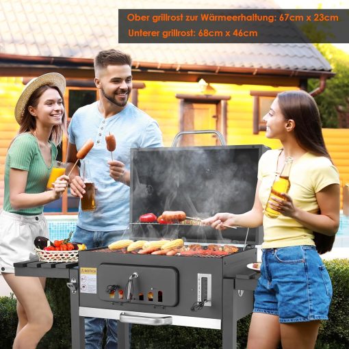 Barbecue Charbon de Bois XL, Chariot à Barbecue, Grill XL à Charbon avec Couvercle, Roues et Thermomètre, Réglable en Hauteur, Grand Barbecue au Charbon de Bois, pour Camping et Jardin, Noir - Image 4