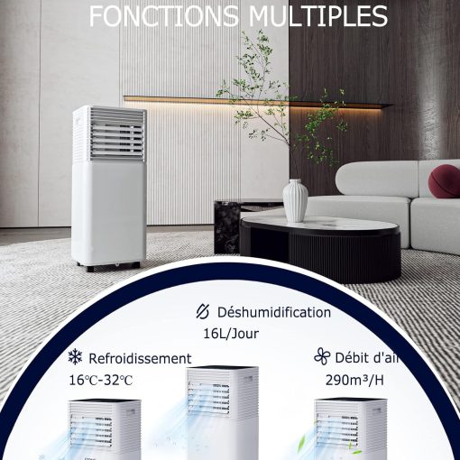 GOPLUS Climatiseur Mobile 9000BTU 2,6kW, Climatiseur 4 en 1 Fonction de Refroidissement, Déshumidification, Ventilation, Mode Nuit, Minuterie 24H, Contr?le Télécommande/écran, 20㎡, Noir, R290 - Image 7