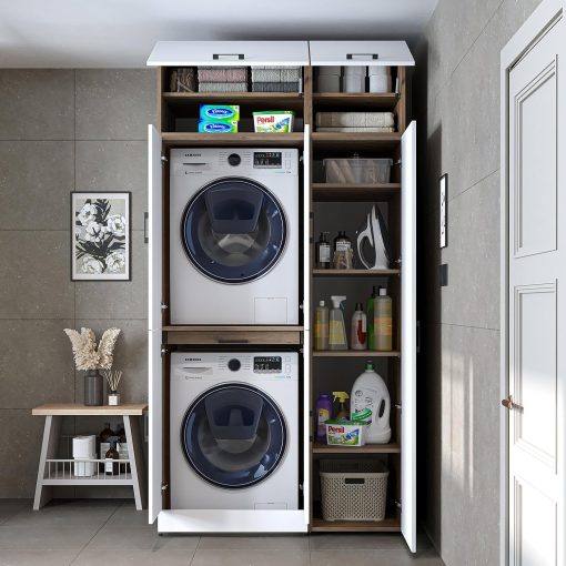 ROOMART Dora - Armoire de machine à laver - Pour sèche-linge et machine à laver - En 4 couleurs - Avec portes et panneau coulissant - Blanc - Chêne blanc - Chêne anthracite - Chêne blanc (chêne blanc) - Image 11