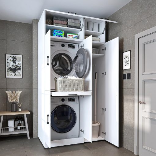 ROOMART Dora - Armoire de machine à laver - Pour sèche-linge et machine à laver - En 4 couleurs - Avec portes et panneau coulissant - Blanc - Chêne blanc - Chêne anthracite - Chêne blanc (chêne blanc) - Image 3