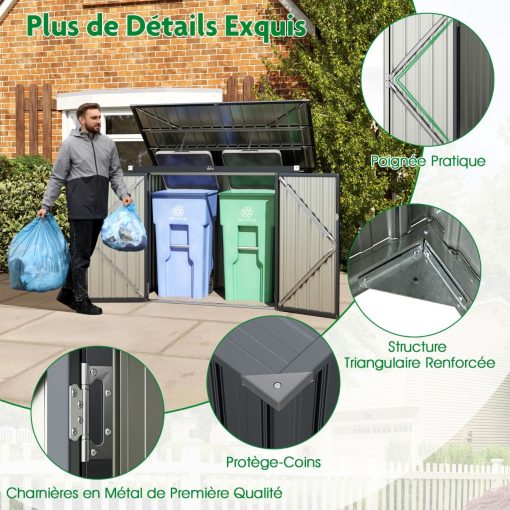 Abri de Stockage en Métal Galvanisé pour Poubelles Extérieur Abri de Jardin Verrouillable avec Toit Ouvert 2 Portes 172X95,5X130CM Gris - Image 5