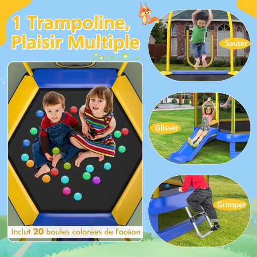 Trampoline Extérieur ? 223cm avec Toboggan&Echelle avec Filet de Sécurité 2 Portes en U Charge 270kg pour 2-3 Enfants de 3 Ans+ Bleu/Vert - Image 6
