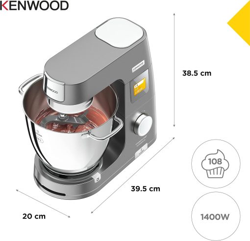 Kenwood Titanium Chef Patissier XL KWL90.034SI, Robot Patissier Balance Intégrée, Batteur K, Pétrin, Fouet, Batteur Souple, Deux Bols, Couvercle Anti-Projections, 1400W, Acier, Argent - Image 12