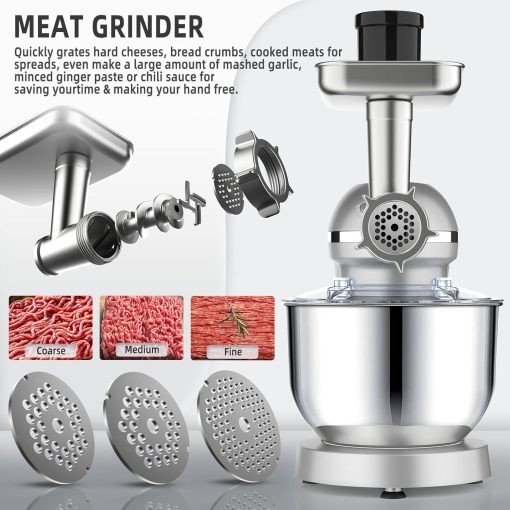 Homlee 3 en 1 Robot Patissier,1800W Robot Cuisine Multifonctions,avec Hachoir à viande,1,5 L Extracteur de jus,Kit pour Saucisses,3 Plaques de Broyage,5.5L Bol d'Acier Inoxydable (Argent) - Image 6