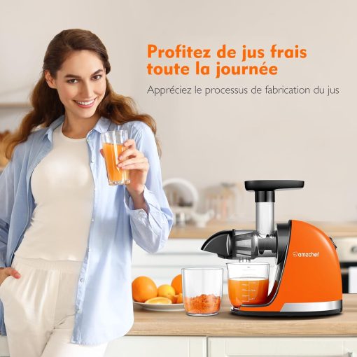 AMZCHEF Extracteur Jus - Extracteur de Jus de Fruits et Légumes - Presses-agrumes à Froid sans BPA avec 2 Tasses et Brosse - Fonction de Mastication Inversée pour éviter les Blocages - Argent - Image 47