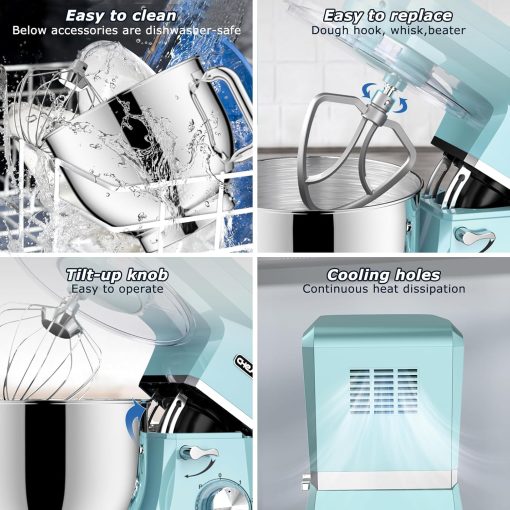 CHeflee 1800W Professional Kitchen Mixer 7.2 Litres Low Noise Multifunctional Kitchen Robot with Whisk, Beater, Hook, Stainless Steel Bowl, 6 Speeds - Image 13