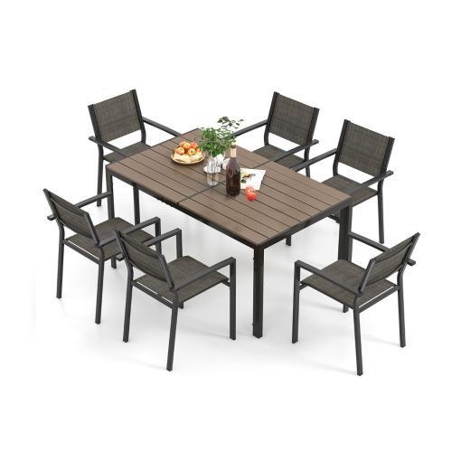 Ensemble de Meubles de Patio 7 Pièces pour 6 Personnes Salon de Jardin avec 6 Chaises Empilables et Table Rectangulaire Gris - Image 2