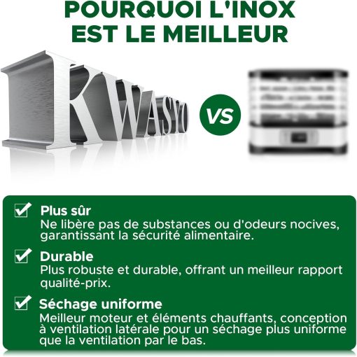 Kwasyo Food Dehydrator Stainless Steel 8 Trays Temperature Regulator 30-90°C 24H Timer Function BPA Free Dehydrator for Fruit, Meat, Vegetables - Image 2