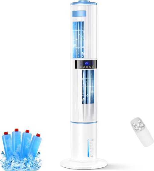 Climatiseur Mobile Silencieux Rafra?chisseur d'air avec Humidificateur, Ventilateur, 2 Sortie d'air, 360°Oscillation, 65W, 24H Minuteries, 3 Vitesses, 4 Modes,Télécommande pour Chambre Bureau