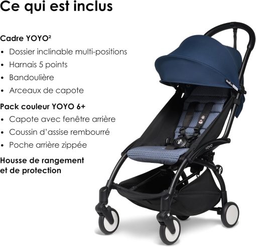 Poussette BABYZEN YOYO2 6+ (Cadre noir + pack couleur Aqua) - Comprend un harnais, un dossier, des arceaux de capote, une bandoulière, un coussin d’assise, et une capote assortie - Image 13