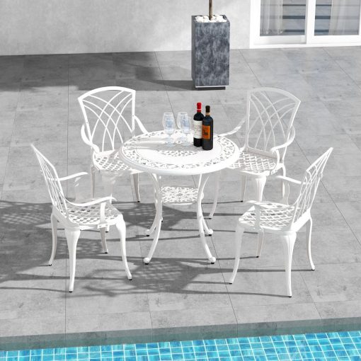5 Pcs Salon de Jardin en Fonte d'Aluminium Trou pour Parasol Repose-pieds Réglables Ensemble de Table Ronde et 4 Chaises Blanc - Image 2