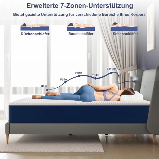 Matoresu Double Mattress 160 x 190 cm Memory Foam Height 25 cm Medium Rigid H3 Ergonomic 7 Zone Cold Foam Comfortable Breathable Fabric Cover - Image 13