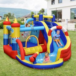 Chateau Gonflable Style Bateau avec Toboggan Incurvé Zone de Saut Mur d'Escalade avec Gonfleur 450 W