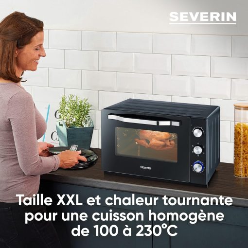 SEVERIN Mini-Four à chaleur tournante 42 L avec pierre à pizza et tournebroche, Four posable 1 800 W design élégant, électrique avec minuteur 120 min, Noir/Inox, TO 2058 - Image 6