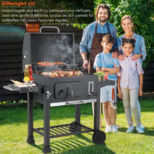 Barbecue Charbon de Bois XL, Chariot à Barbecue, Grill XL à Charbon avec Couvercle, Roues et Thermomètre, Réglable en Hauteur, Grand Barbecue au Charbon de Bois, pour Camping et Jardin, Noir - Image 22