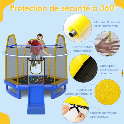 Trampoline Extérieur ? 223cm avec Toboggan&Echelle avec Filet de Sécurité 2 Portes en U Charge 270kg pour 2-3 Enfants de 3 Ans+ Bleu/Vert - Image 4