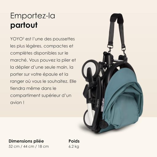 Poussette BABYZEN YOYO2 6+ (Cadre noir + pack couleur Aqua) - Comprend un harnais, un dossier, des arceaux de capote, une bandoulière, un coussin d’assise, et une capote assortie - Image 27