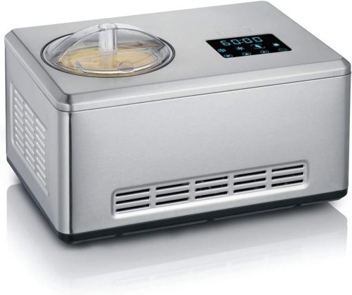 SEVERIN EZ 7405 2-in-1 Ice Cream Maker, Includes Ice Cream Container (2L) and Recipe Book, Digital Timer, Lid Open, Silver