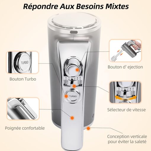 Aigostar Adela - Batteur électrique, Batteur à Main électrique Ultra Puissant de 400W. 5 Vitesses + Turbo, Bouton D'éjection. 1 Support de Rangement et 2 Batteurs et 2 Crochets Pétrisseurs. - Image 10