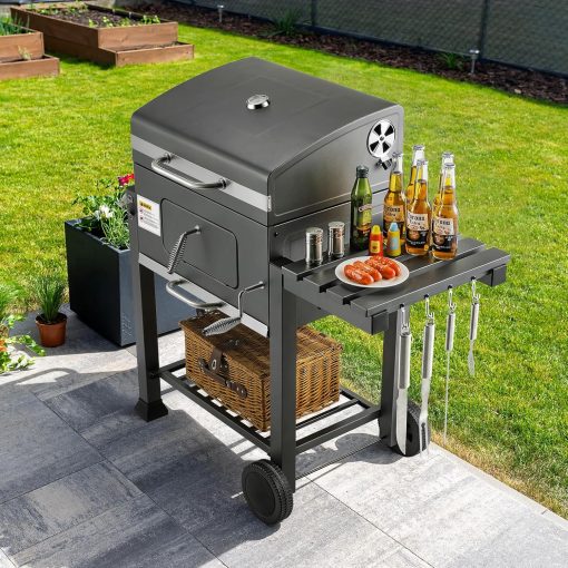 Barbecue Charbon de Bois XL, Chariot à Barbecue, Grill XL à Charbon avec Couvercle, Roues et Thermomètre, Réglable en Hauteur, Grand Barbecue au Charbon de Bois, pour Camping et Jardin, Noir - Image 13