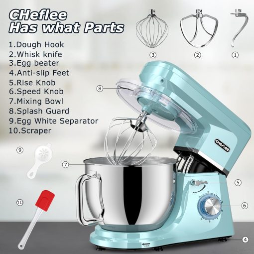 CHeflee 1800W Professional Kitchen Mixer 7.2 Litres Low Noise Multifunctional Kitchen Robot with Whisk, Beater, Hook, Stainless Steel Bowl, 6 Speeds - Image 12
