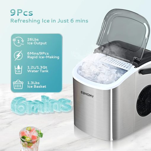 Ice Maker, EUHOMY Ice Maker, 12 kg in 24 Hours, 9 Ice Cubes in 8 Minutes, Black, Performance Ice Maker with Carry Handle, Spoon, for Home/Kitchen/Camping - Image 4