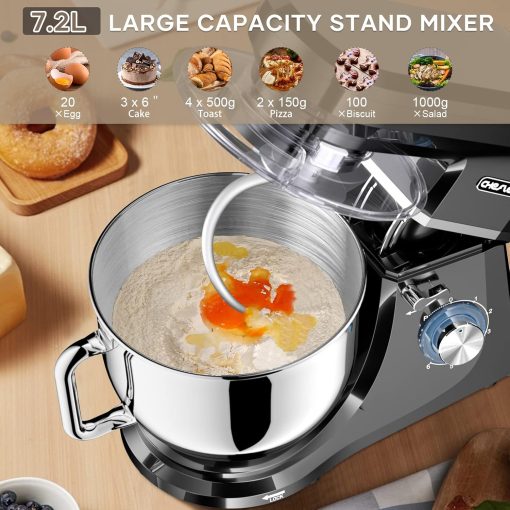 CHeflee 1800W Professional Kitchen Mixer 7.2 Litres Low Noise Multifunctional Kitchen Robot with Whisk, Beater, Hook, Stainless Steel Bowl, 6 Speeds - Image 27