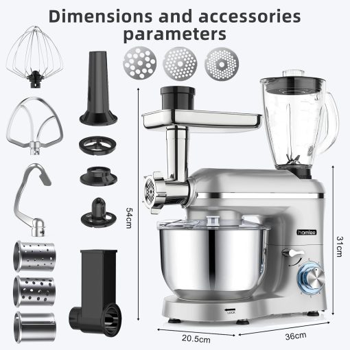 Homlee 3 en 1 Robot Patissier,1800W Robot Cuisine Multifonctions,avec Hachoir à viande,1,5 L Extracteur de jus,Kit pour Saucisses,3 Plaques de Broyage,5.5L Bol d'Acier Inoxydable (Argent) - Image 3