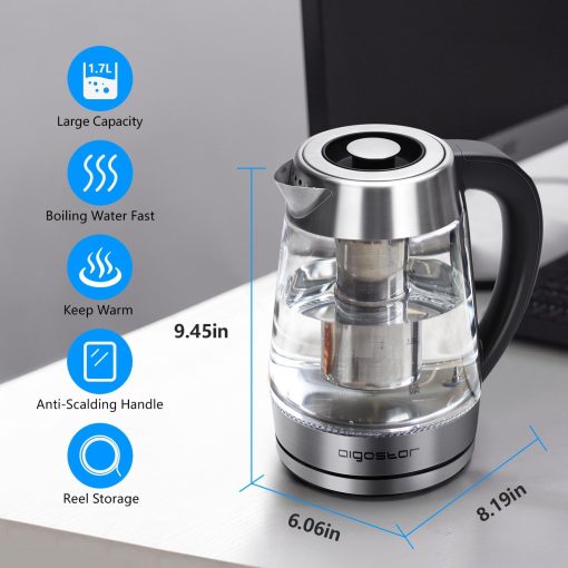 Aigostar Cris - Bouilloire en verre Température Réglable 2200W, 1.7L. Thermostat Réglable (60 à 100oC) et fonction maintien au chaud, Filtre à thé amovible, éclairage LED de couleurs, Sans BPA. - Image 8