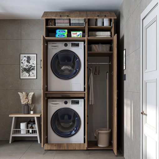 ROOMART Dora - Armoire de machine à laver - Pour sèche-linge et machine à laver - En 4 couleurs - Avec portes et panneau coulissant - Blanc - Chêne blanc - Chêne anthracite - Chêne blanc (chêne blanc) - Image 29