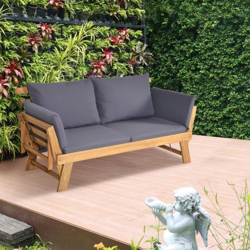 Chaise Longue Convertible avec Coussin Canapé de Jardin 2 en 1 en Bois d’Acacia avec Accoudoir Réglable pour Patio Piscine Jardin Blanc/Gris/Bleu/Rouge - Image 4