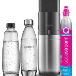 Sodastream Duo Sparkling Water and Soda Machine for Glass Jug | Pack of 1 Glass Jug 1L + 1 Bottle 1L Stainless Steel Finish Dishwasher + 1 60L Gas Refill Clip | Black