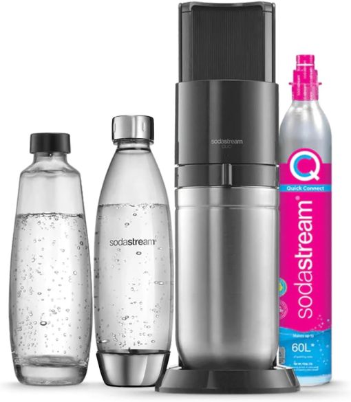 Sodastream Duo Sparkling Water and Soda Machine for Glass Jug | Pack of 1 Glass Jug 1L + 1 Bottle 1L Stainless Steel Finish Dishwasher + 1 60L Gas Refill Clip | Black