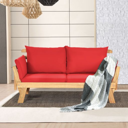 Chaise Longue Convertible avec Coussin Canapé de Jardin 2 en 1 en Bois d’Acacia avec Accoudoir Réglable pour Patio Piscine Jardin Blanc/Gris/Bleu/Rouge - Image 36
