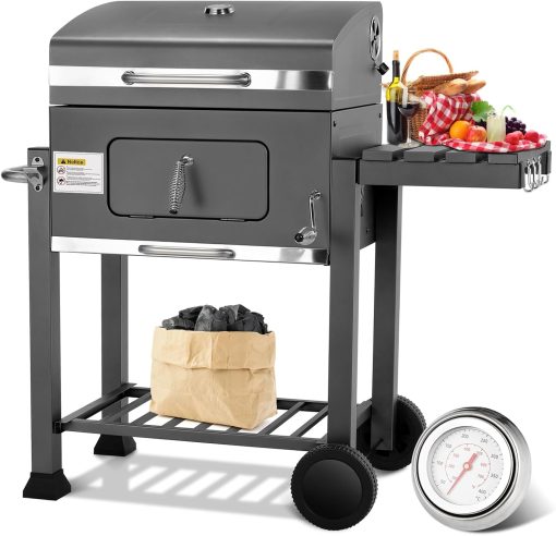 Barbecue Charbon de Bois XL, Chariot à Barbecue, Grill XL à Charbon avec Couvercle, Roues et Thermomètre, Réglable en Hauteur, Grand Barbecue au Charbon de Bois, pour Camping et Jardin, Noir - Image 5