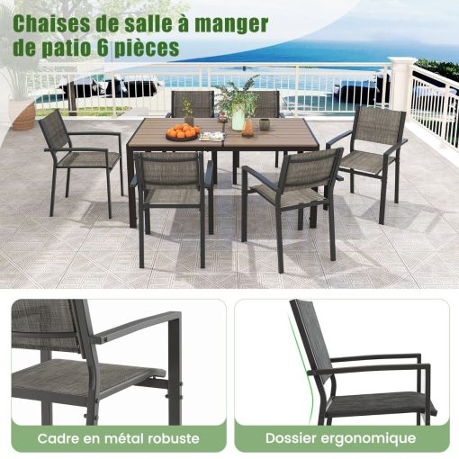 Ensemble de Meubles de Patio 7 Pièces pour 6 Personnes Salon de Jardin avec 6 Chaises Empilables et Table Rectangulaire Gris - Image 4