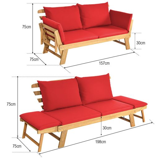 Chaise Longue Convertible avec Coussin Canapé de Jardin 2 en 1 en Bois d’Acacia avec Accoudoir Réglable pour Patio Piscine Jardin Blanc/Gris/Bleu/Rouge - Image 44