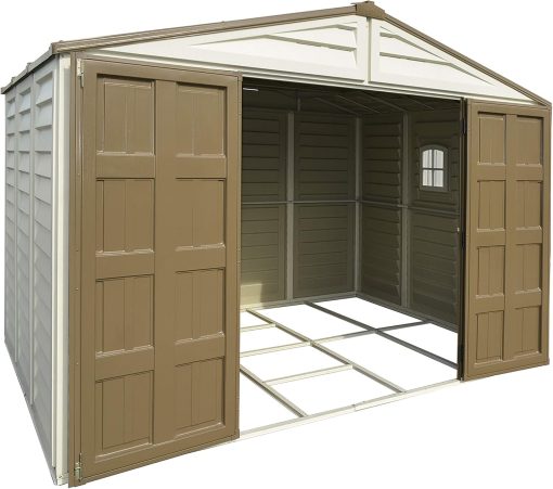 Duramax WoodBridge Plus 10 x 8 (7.64 m2) Abri de jardin en plastique avec 1 fenêtre fixe et kit de fondation en métal, structure de toit en métal robuste et abri de jardin sans entretien - Ivory/Brown - Image 10