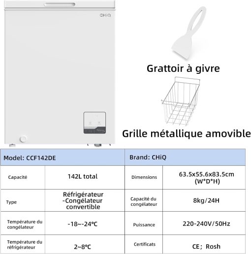 Congélateur coffre CHiQ 142L, 63,5 x 55,6 x 83,5cm, Congélateur Inverter, Affichage de la température extérieure, Mode de congélation rapide -32℃, Grille métallique,Faible bruit - Image 2