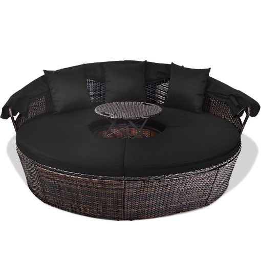 Lit de Jardin Rond d'Exterieur Table Relevable Modulable & Convertible - Pare Soleil Réglable rotin PE Coussins Inclus  Noir - Image 8