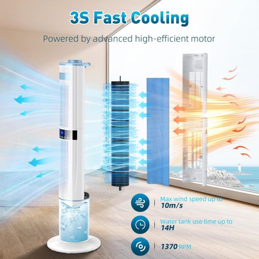 Climatiseur Mobile Silencieux Rafra?chisseur d'air avec Humidificateur, Ventilateur, 2 Sortie d'air, 360°Oscillation, 65W, 24H Minuteries, 3 Vitesses, 4 Modes,Télécommande pour Chambre Bureau - Image 2