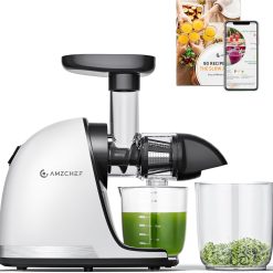 AMZCHEF Extracteur Jus - Extracteur de Jus de Fruits et Légumes - Presses-agrumes à Froid sans BPA avec 2 Tasses et Brosse - Fonction de Mastication Inversée pour éviter les Blocages - Argent