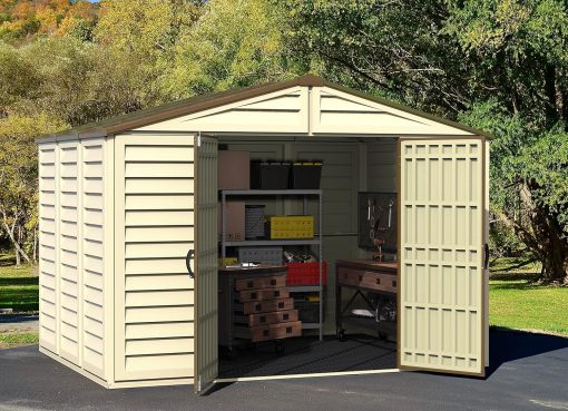 Duramax WoodBridge Plus 10 x 8 (7.64 m2) Abri de jardin en plastique avec 1 fenêtre fixe et kit de fondation en métal, structure de toit en métal robuste et abri de jardin sans entretien - Ivory/Brown - Image 2