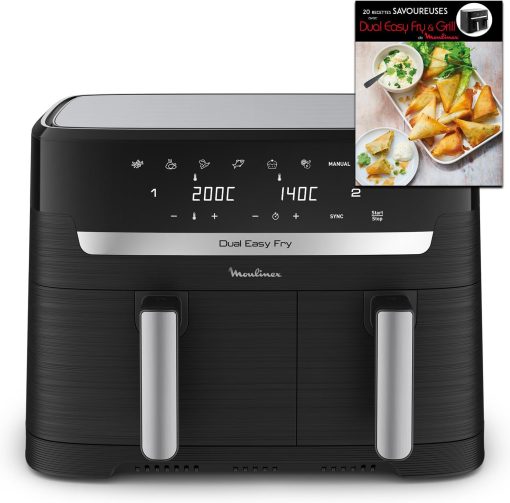 Moulinex air fryer two compartments, large capacity 8.3L, 8 people, 7 automatic programs, oil-free fryer, digital touch screen, Dual essential stainless steel, EZ901820, Black - Image 42