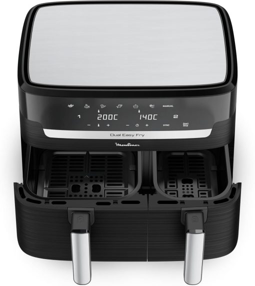 Moulinex air fryer two compartments, large capacity 8.3L, 8 people, 7 automatic programs, oil-free fryer, digital touch screen, Dual essential stainless steel, EZ901820, Black - Image 3